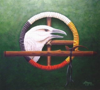 Bílá vrána, šamanský kruh a flétna (znak).