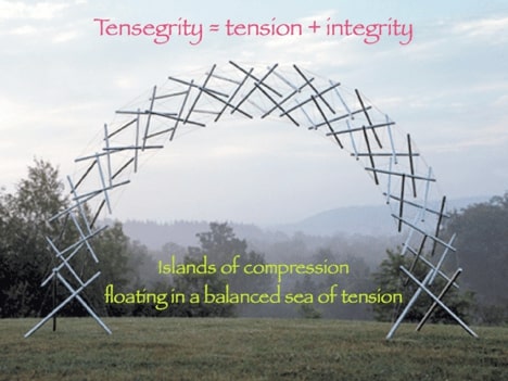 Tensegrity - napjatá soudržnost (tension + integrity = tensegrity).