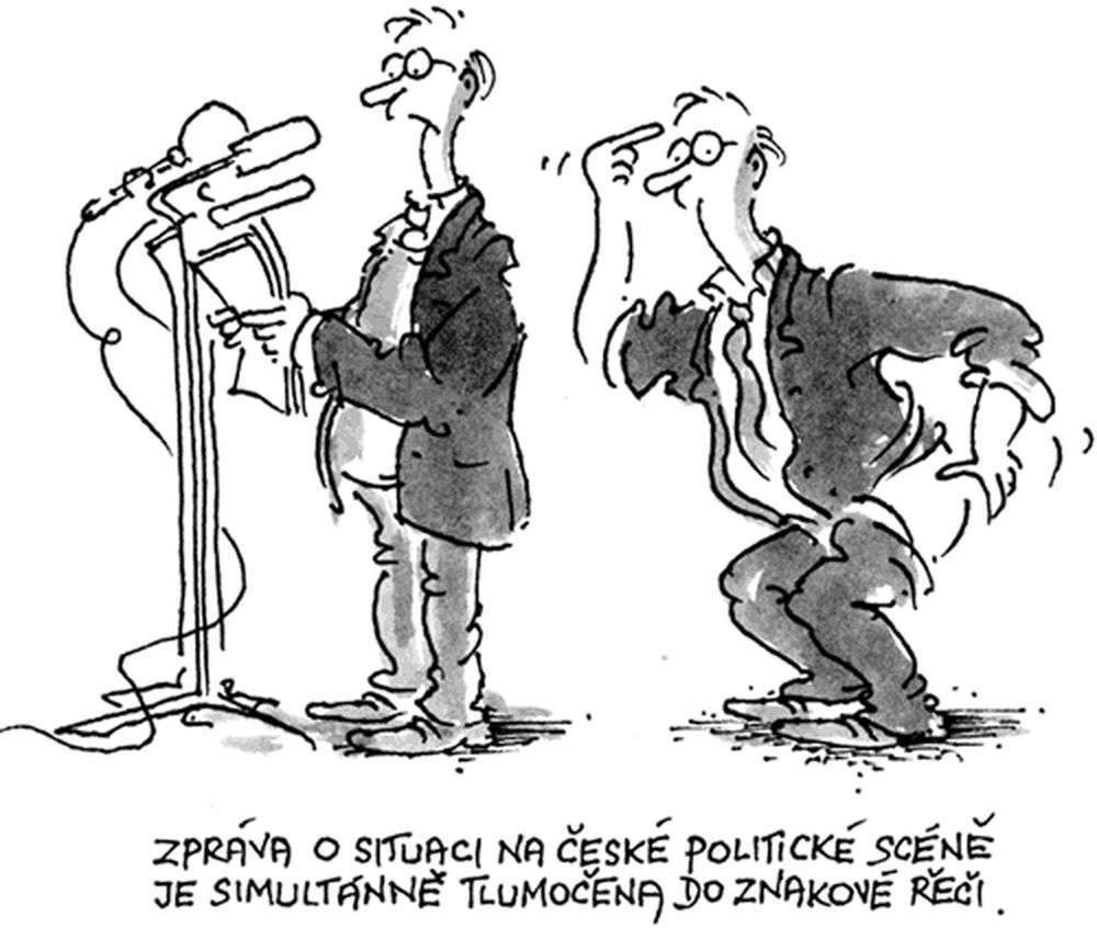 Vtip - zpráva o politické situaci České republiky ve znakové řeči.